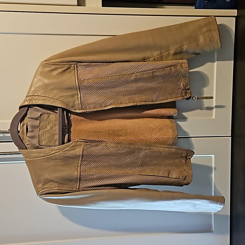 BanoeeMee leather jacket, cropped length, coffee color, small cutouts in body
